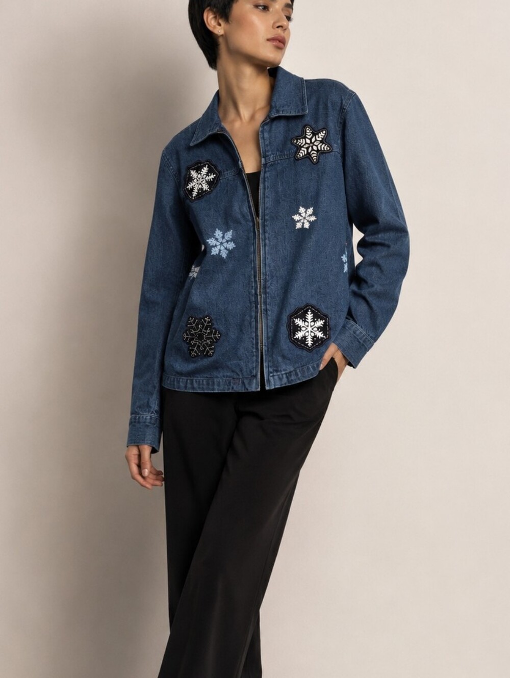 NORTHCREST Snowflake Embroidered Denim Jacket. NWT